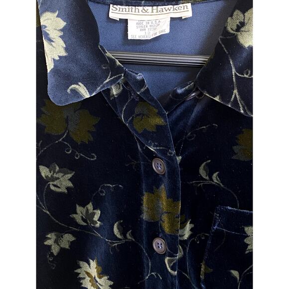 SMITH & HAWKEN Dress 12 Velour 90s Blue Floral Long Sleeve Cottagecore VTG USA - Picture 3 of 8